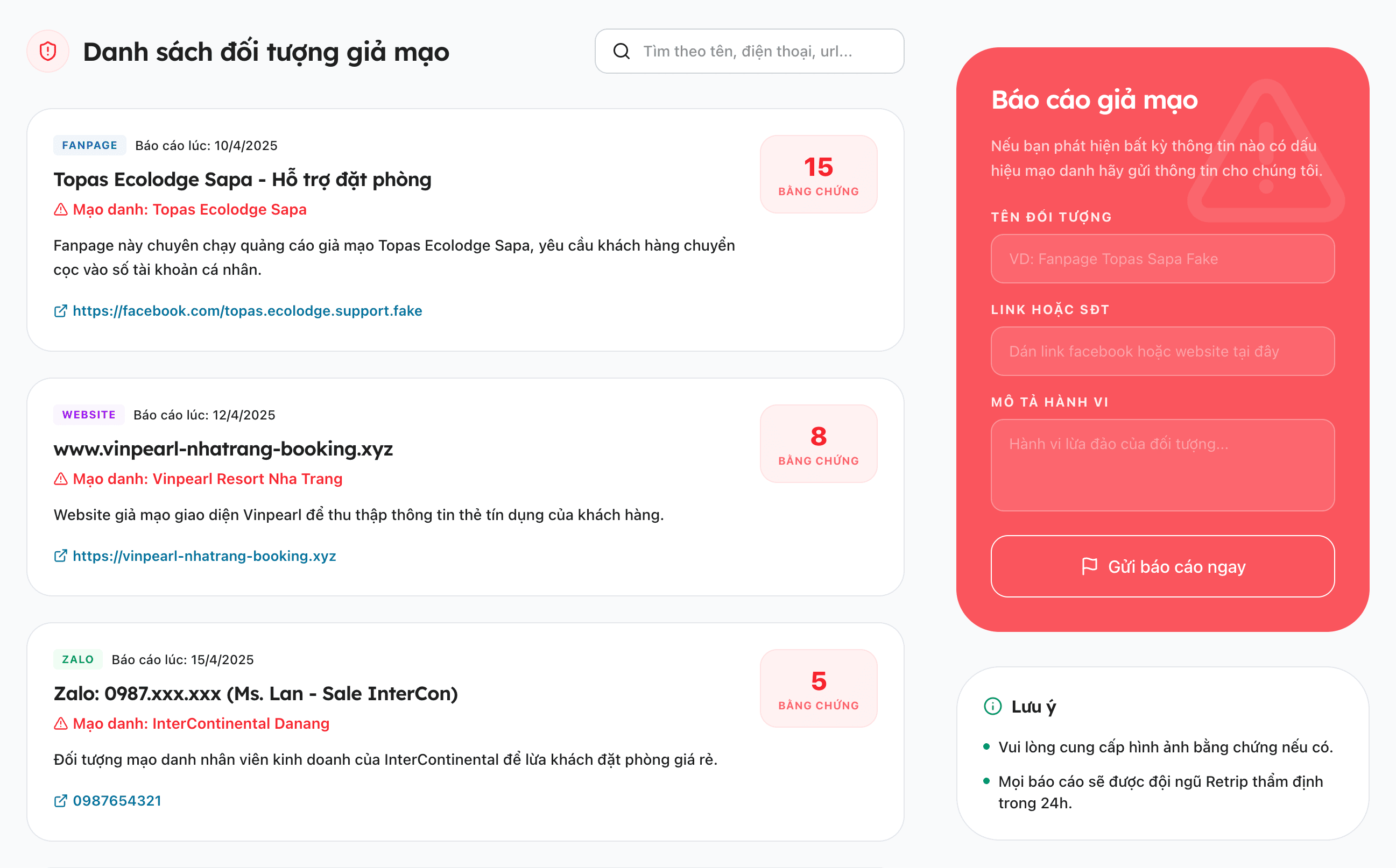 Ảnh chụp màn hình danh sách các đối tượng giả mạo trên Retrip
