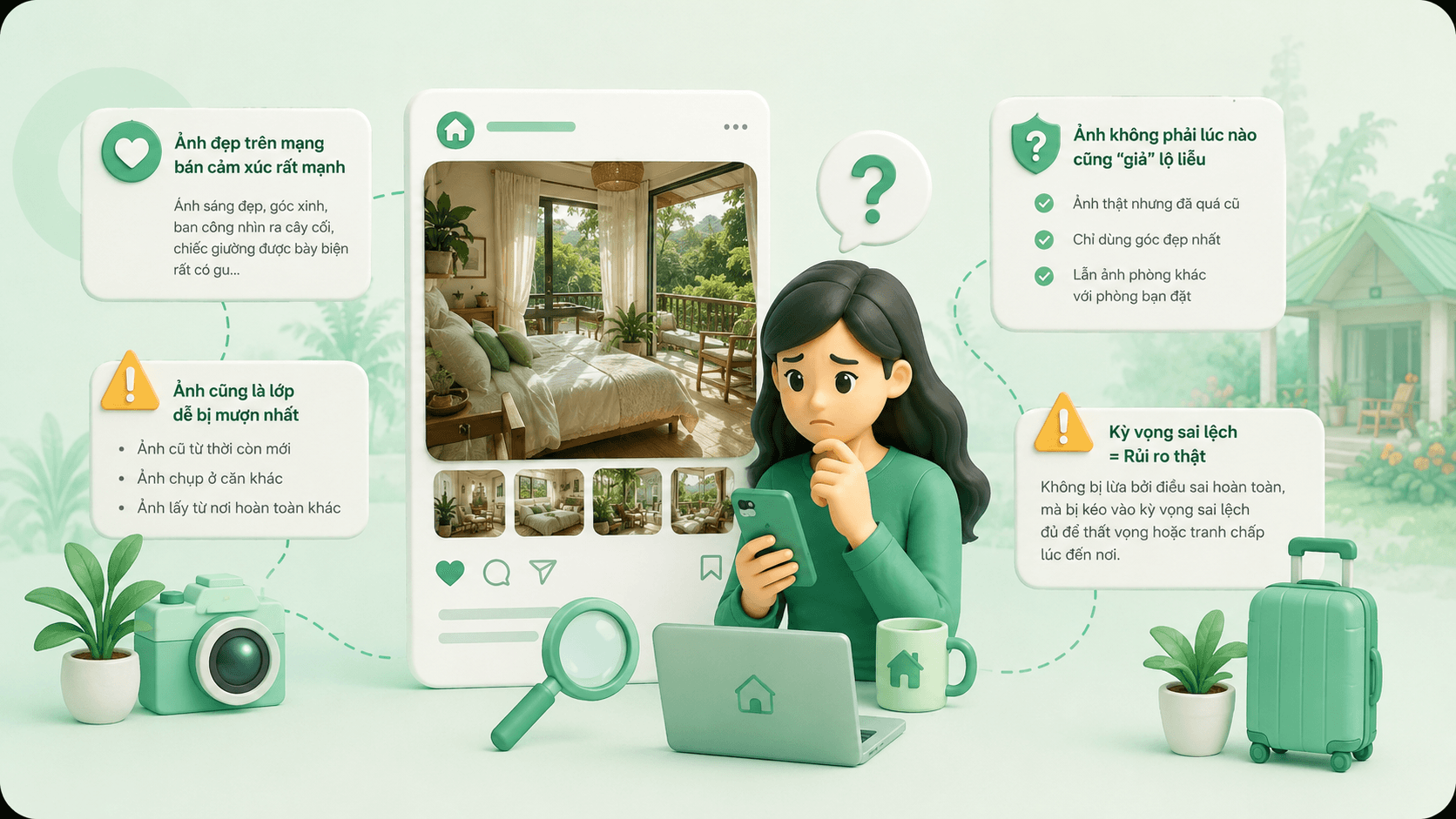 Ảnh minh họa rủi ro đặt phòng homestay trên mạng với ảnh đẹp